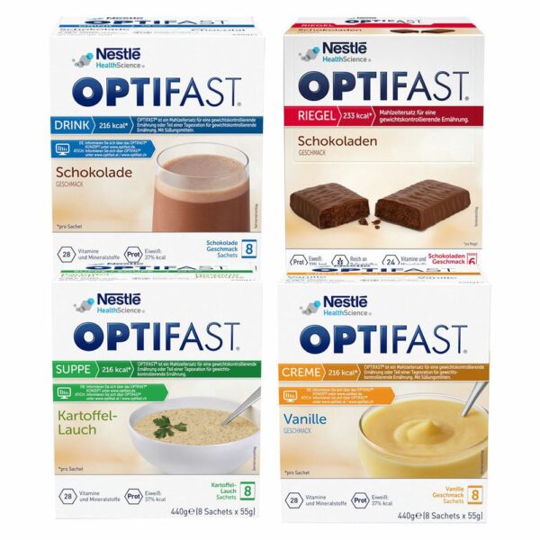 Optifast® home Drink Schokolade + Optifast® Riegel Schokolade + Optifast® home Suppe Kartoffel-Lauch + Optifast® home Creme Vanille